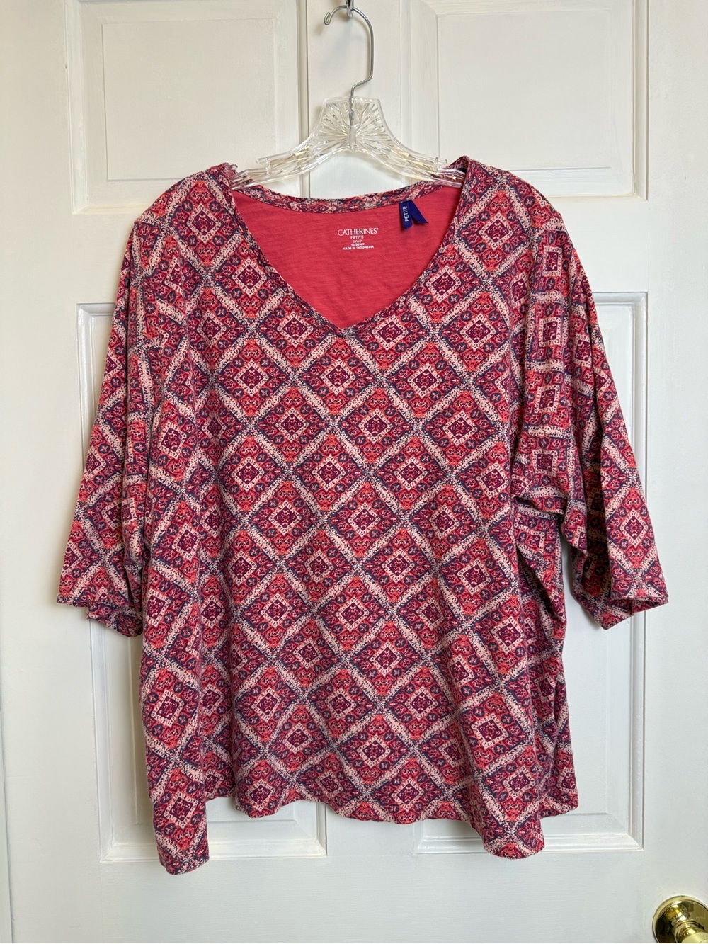 Catherines Pink Diamond-Print V-Neck 3/4 Sleeve Top Size 1XWP Petite